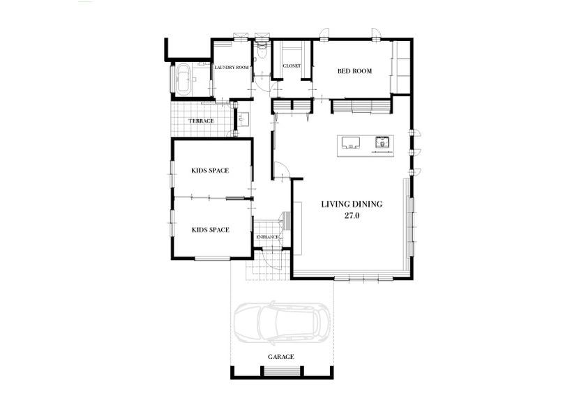 万代ホーム 【平屋／ガレージ／大空間/間取図有り】心からリラックスできる時間を。｜洗練されたダークカラーの美学の間取り図（3LDK）1階