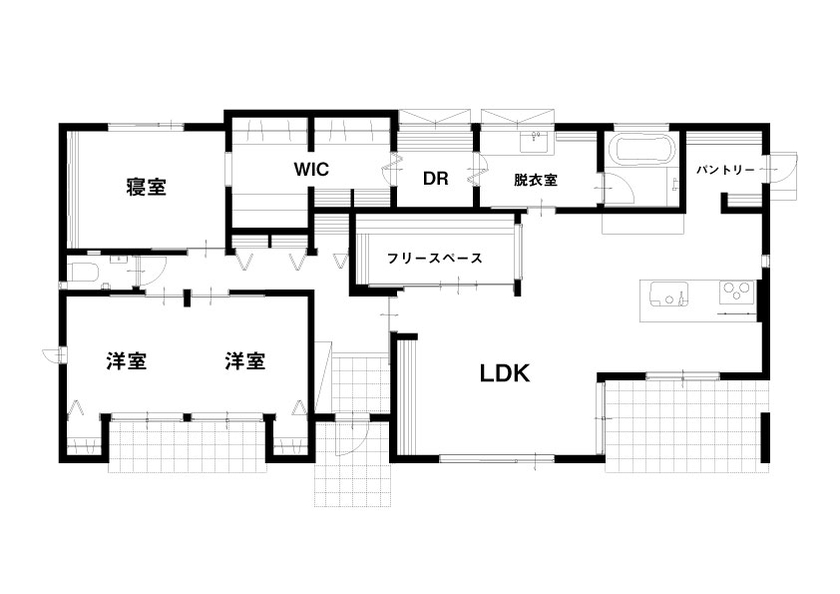万代ホーム 【平屋｜間取り図有り｜アウトドアリビング｜書斎｜パントリー】重厚な存在感、落ち着きと機能美の邸宅の間取り図（3LDK）1階