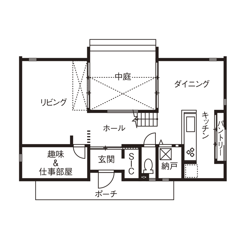 大原建設（パナソニックビルダーズグループ） 【プライバシーを守りながら外と繋がる中庭のある家/間取り有】2匹の愛猫と一緒にゆったりくつろぐの間取り図（3LDK）1階