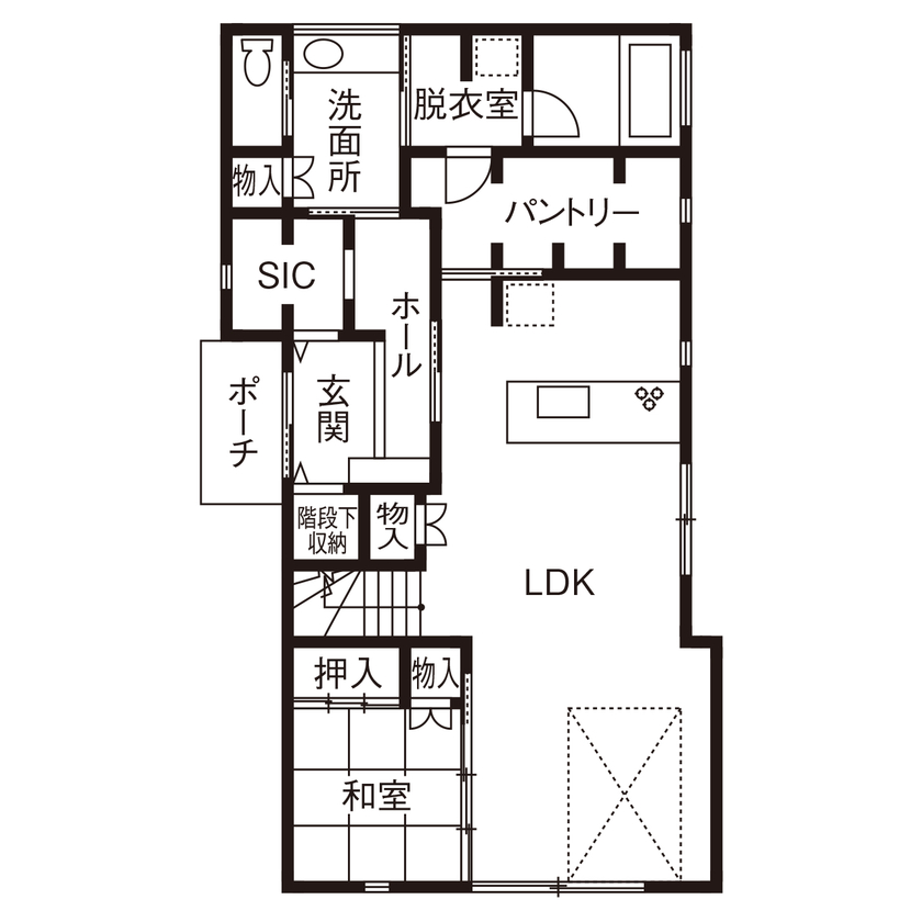 大原建設（パナソニックビルダーズグループ） 【トレーニングルームで家トレを楽しむ、43坪の家/間取り有】心地良い吹き抜けが家族の会話を活発にの間取り図（3LDK）１階