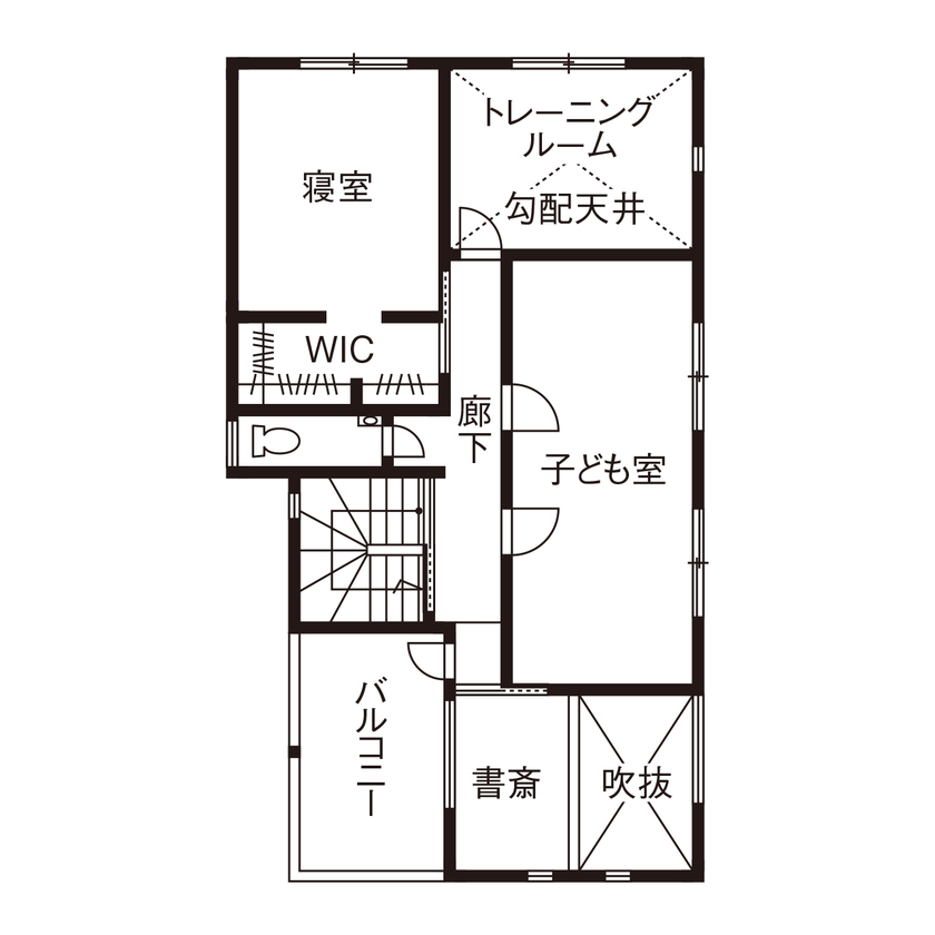 大原建設（パナソニックビルダーズグループ） 【トレーニングルームで家トレを楽しむ、43坪の家/間取り有】心地良い吹き抜けが家族の会話を活発にの間取り図（3LDK）２階