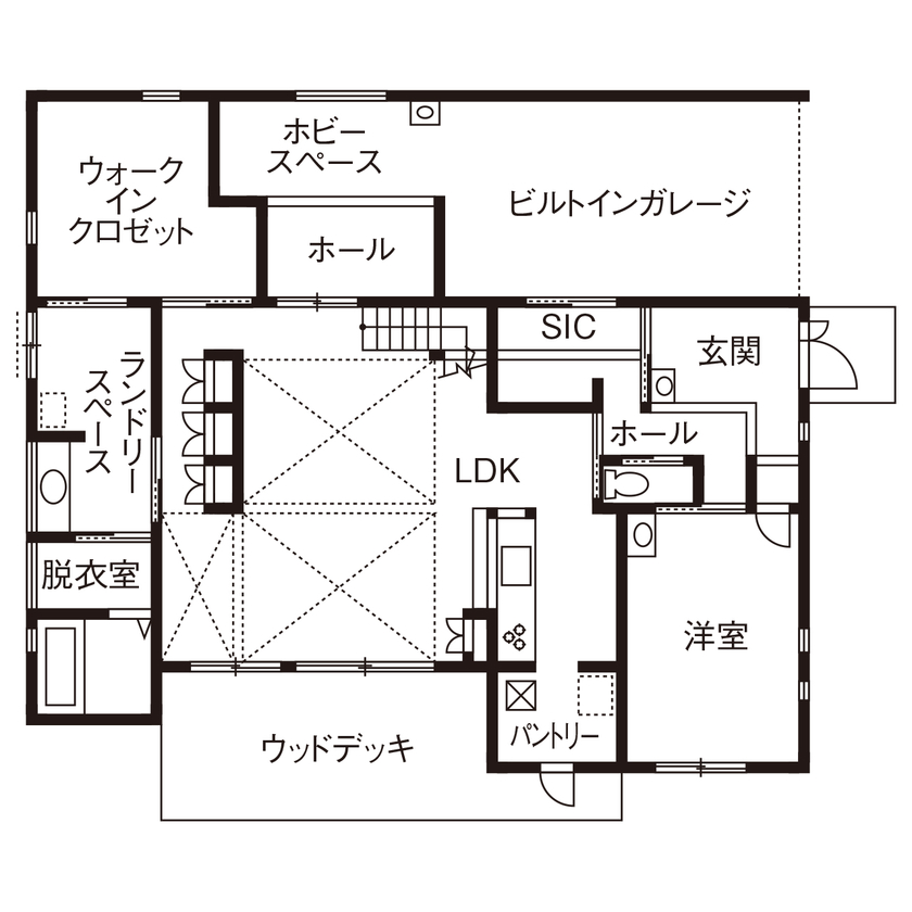 大原建設（パナソニックビルダーズグループ） 【愛犬やバイクを楽しむ、58坪の家/間取り有】ビルトインガレージや広々テラスで、沢山の好きと暮らすの間取り図（3LDK）１階