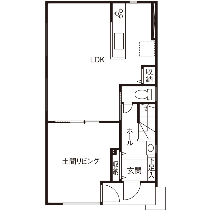 大原建設（パナソニックビルダーズグループ） 【プライベートサロンのある31坪の郊外の家／間取り有】土間リビングと一体化させた「カフェ風」広々ＬＤＫの間取り図（LDK＋納戸×２＋土間）１階