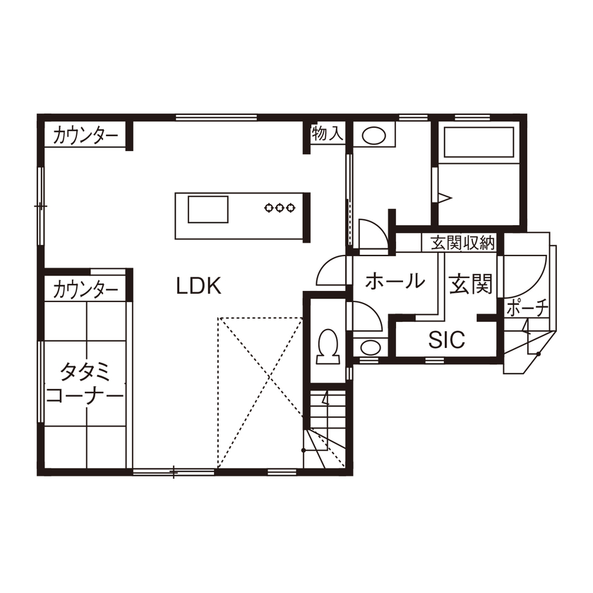 大原建設（パナソニックビルダーズグループ） 【緑を感じるルーフバルコニーのある33坪の郊外の家／間取り有】小上がり付きの広々ＬＤＫを叶えた屈強構造の間取り図（2LDK）１階