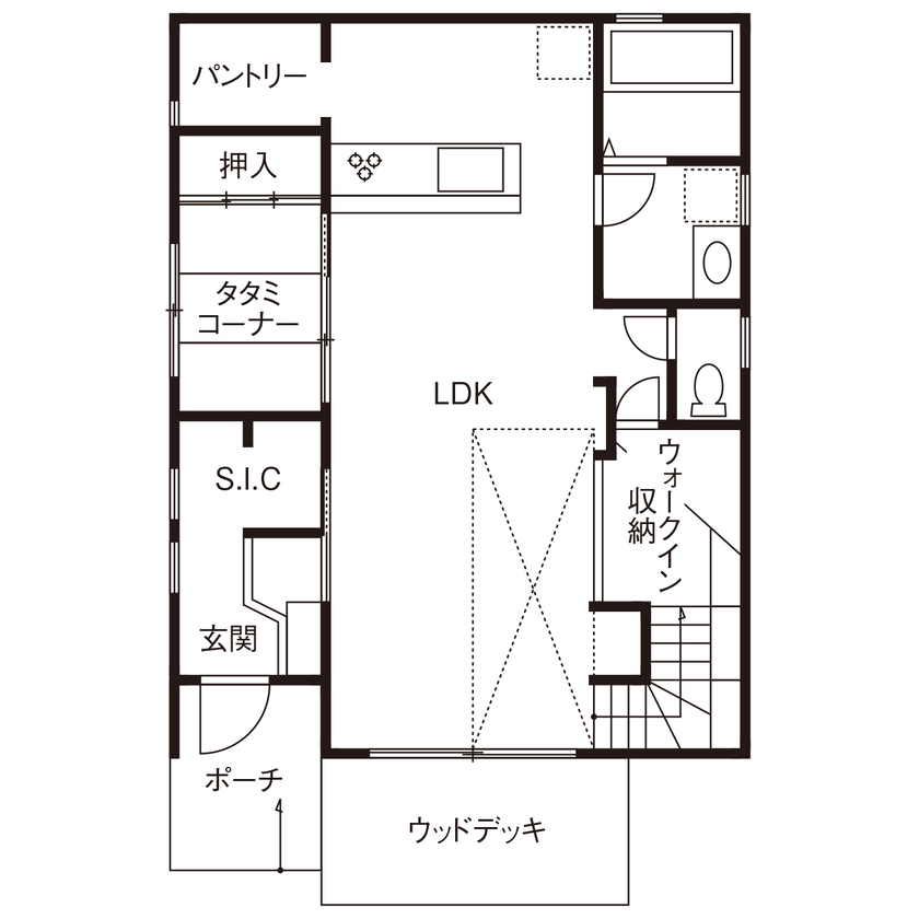 大原建設（パナソニックビルダーズグループ） 【コミックルームのある34坪の郊外の家／間取り有】家族との繋がりを感じつつ、ひとりの時間も満喫できる家の間取り図（3LDK）１階