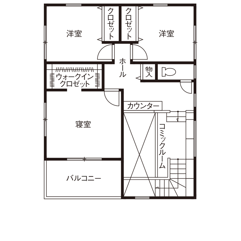 大原建設（パナソニックビルダーズグループ） 【コミックルームのある34坪の郊外の家／間取り有】家族との繋がりを感じつつ、ひとりの時間も満喫できる家の間取り図（3LDK）２階