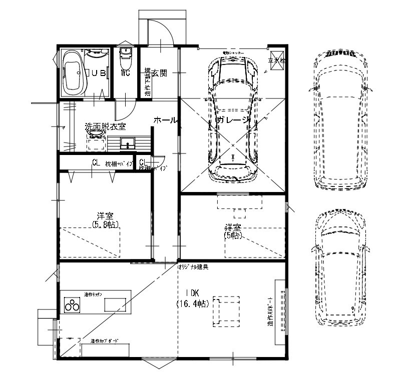ドヒハウス 【間取り図有/1000万円台/平家/2LDK／ガレージ】男の夢実現平屋ガレージハウスの間取り図（2LDK）1階