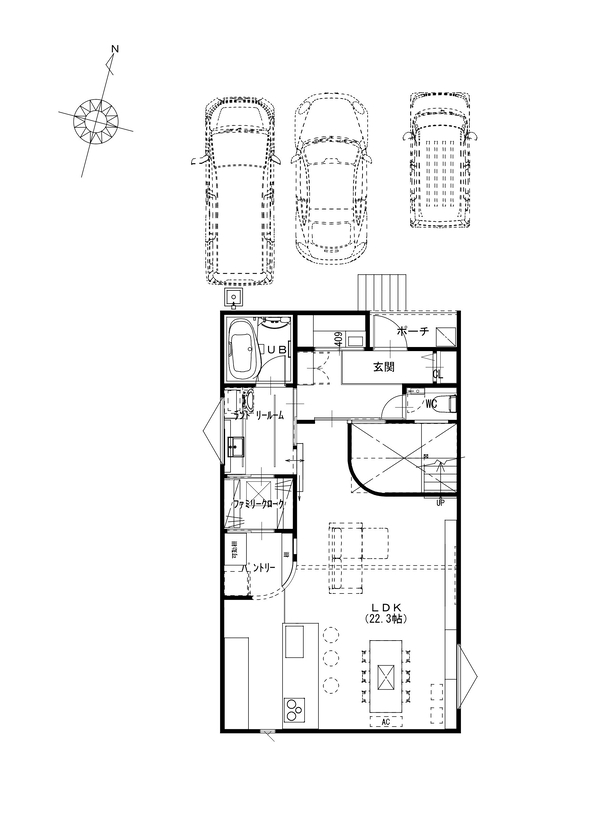 ドヒハウス 【間取り図有/二階建て/3LDK】キッチンのアクセント抜群、R壁を楽しむ家事動線が楽なお家の間取り図（3LDK）１階
