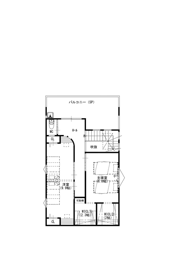 ドヒハウス 【間取り図有/二階建て/3LDK】キッチンのアクセント抜群、R壁を楽しむ家事動線が楽なお家の間取り図（3LDK）2階