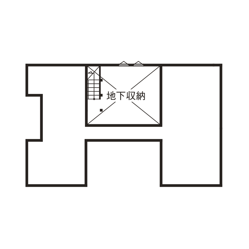 棟匠 ビルトインガレージと半地下空間で趣味を愉しむ。デッキのあるコの字型の木の家の間取り図（2LDK）地下収納