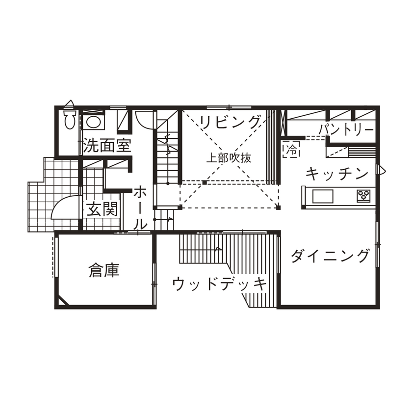棟匠 ビルトインガレージと半地下空間で趣味を愉しむ。デッキのあるコの字型の木の家の間取り図（2LDK）1階