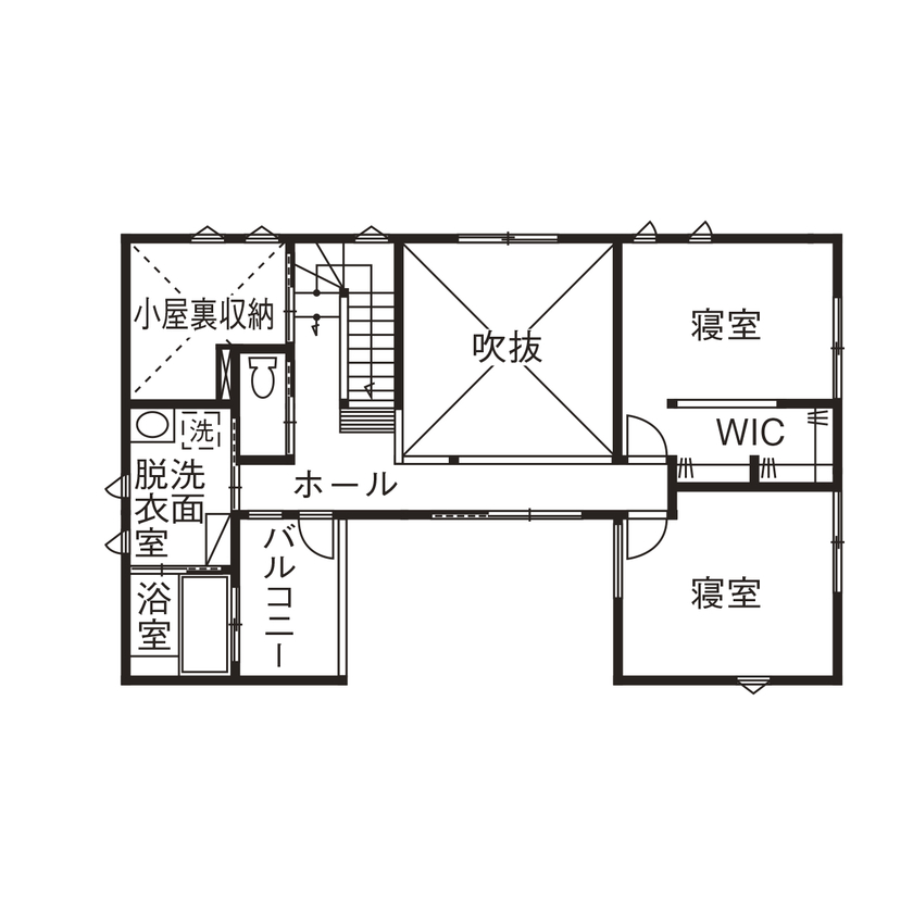 棟匠 ビルトインガレージと半地下空間で趣味を愉しむ。デッキのあるコの字型の木の家の間取り図（2LDK）2階