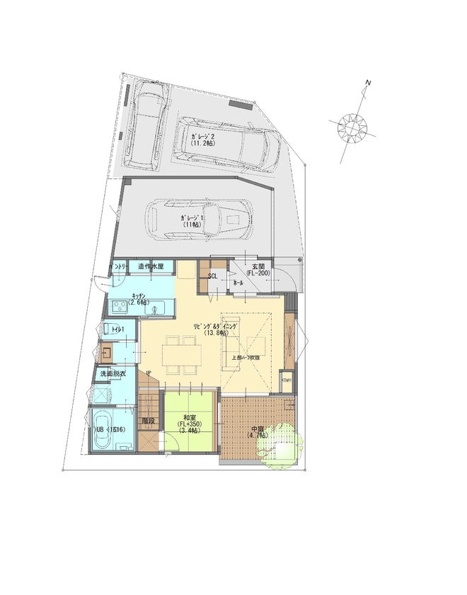 ジューケン 【狭小住宅】約35坪の角地で、3台分のビルトインガレージ、音楽室、中庭のある家の間取り図（5LDK＋サンルーム）1階