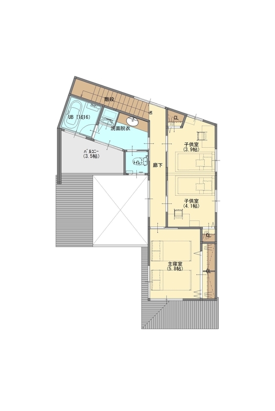ジューケン 【リゾート感を自邸に】40坪の整形地／非日常テイストが漂う“水盤がある”中庭ライフを満喫の間取り図（3LDK）2階