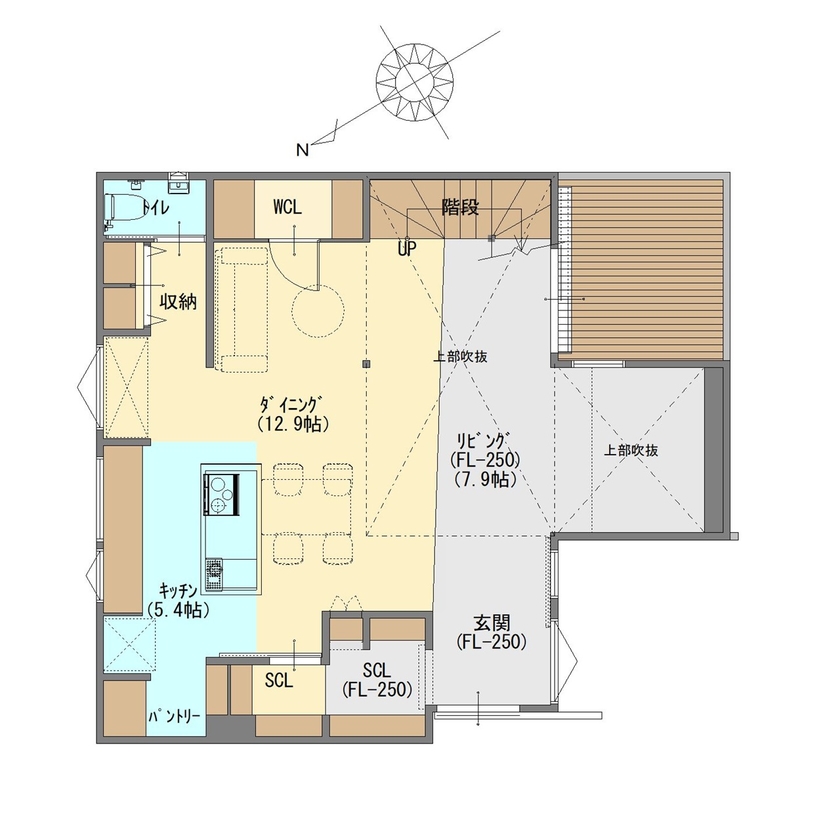 ジューケン 【街中密集地】密集地でも空を取り込んだ、家事ラクで子育てしながらボルダリングも楽しめる家 の間取り図（2LDK）1階