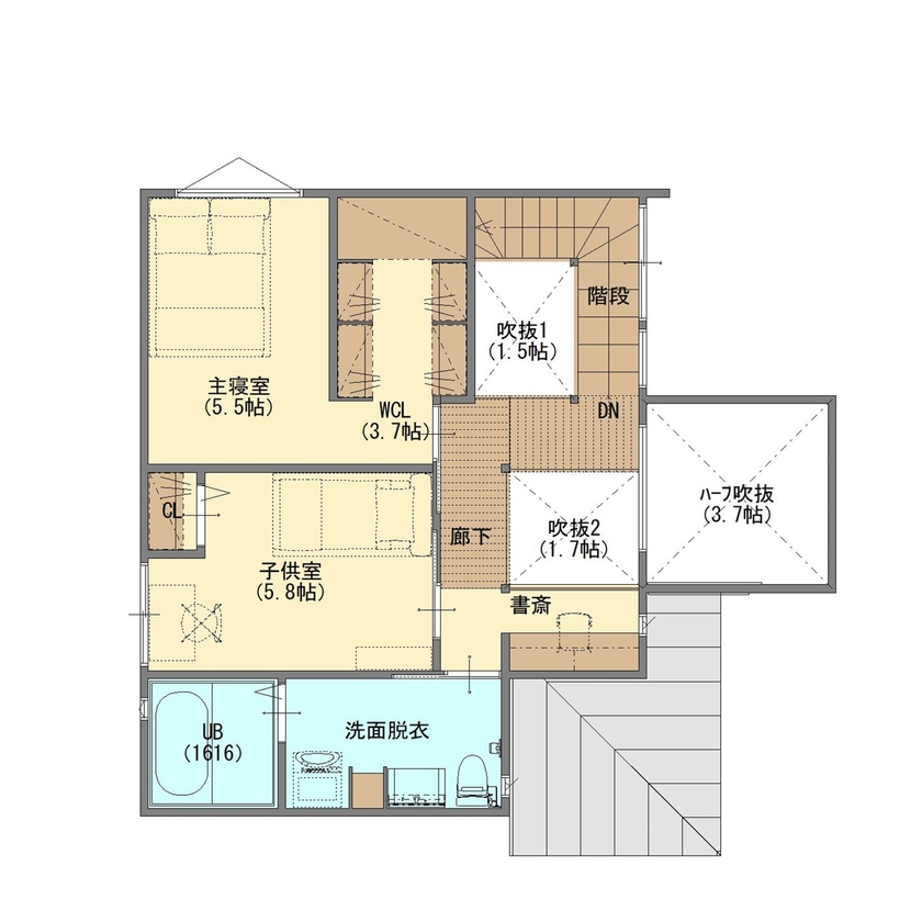 ジューケン 【街中密集地】密集地でも空を取り込んだ、家事ラクで子育てしながらボルダリングも楽しめる家 の間取り図（2LDK）2階
