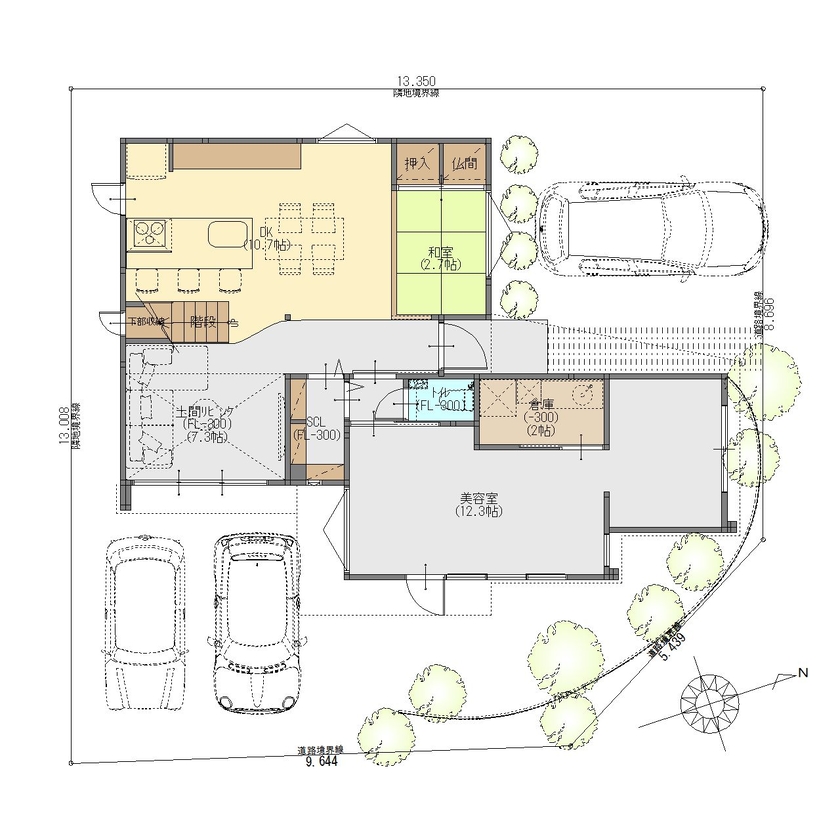 ジューケン 【角地/店舗併用住宅】空と庭を眺める店舗と寛ぎの住宅を土間リビングでつなげた店舗併用住宅の間取り図（美容室+3LDK）1階