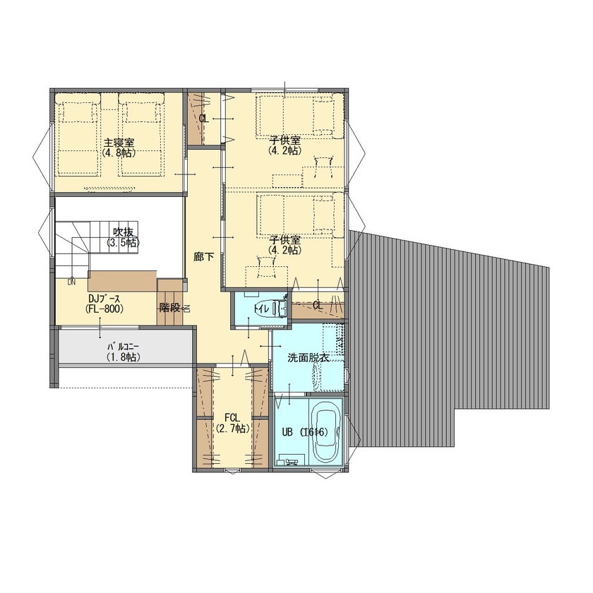 ジューケン 【角地/店舗併用住宅】空と庭を眺める店舗と寛ぎの住宅を土間リビングでつなげた店舗併用住宅の間取り図（美容室+3LDK）2階