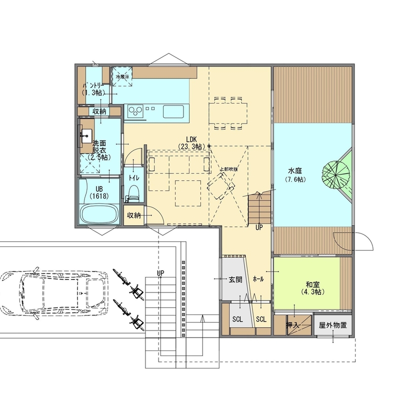 ジューケン 【大型整形地】海と外を望むダイナミックなテラスと内外を融合した水庭で非日常感のある家の間取り図（3LDK）1階