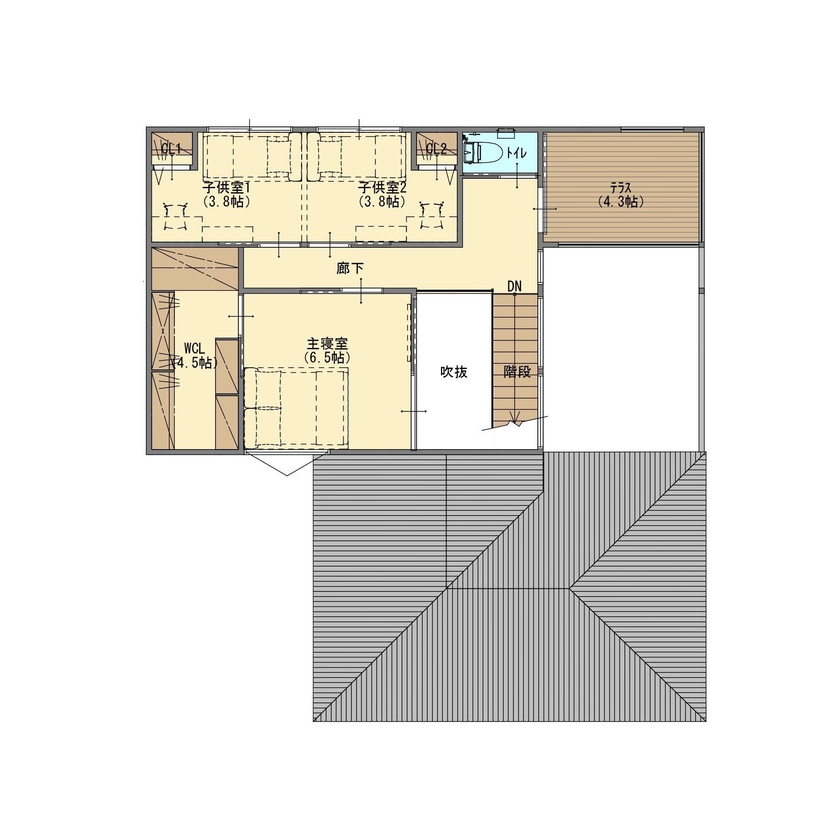 ジューケン 【大型整形地】海と外を望むダイナミックなテラスと内外を融合した水庭で非日常感のある家の間取り図（3LDK）2階