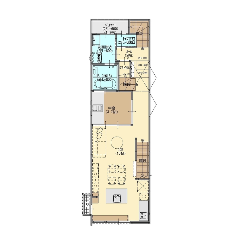 ジューケン 【街中狭小地23坪】中庭でバーベキューができる×ビルに挟まれたコンパクトな家の間取り図（1LDK＋ロフト）2階