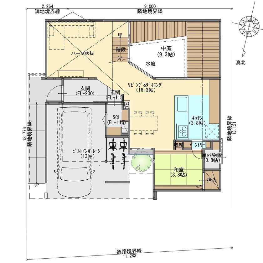 ジューケン 【土地面積約46坪】ほっと一息つける中庭から光と風が心地よく室内に届くガレージハウスの間取り図（3LDK）1階