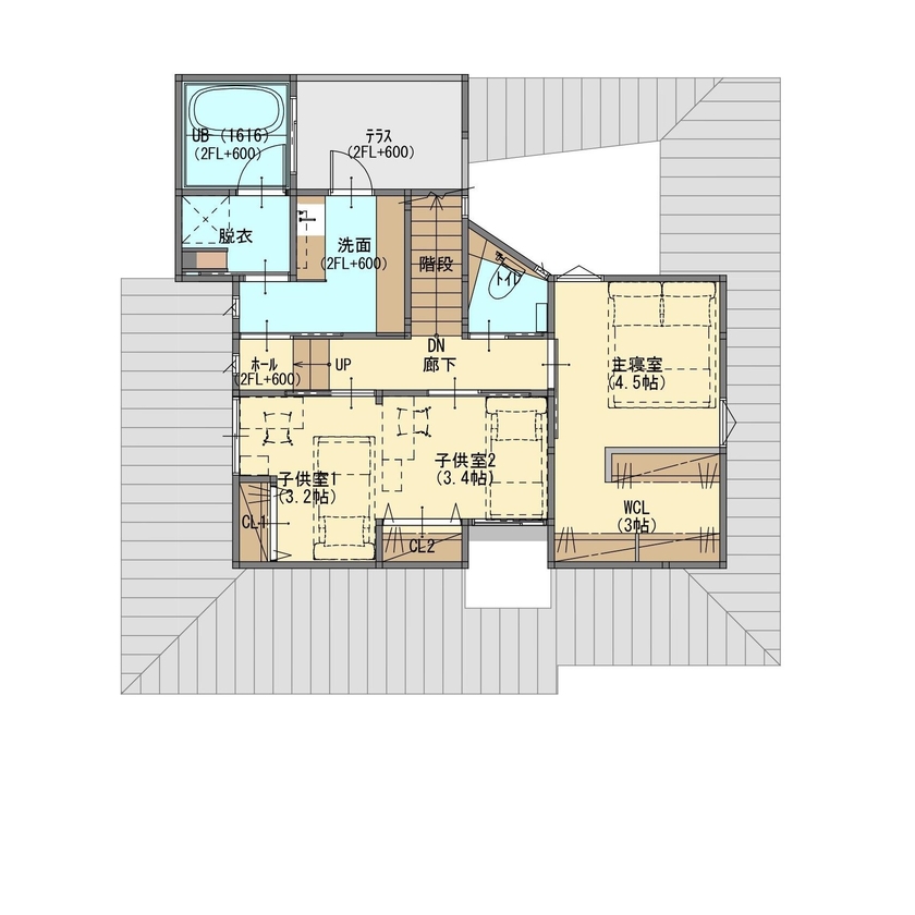 ジューケン 【土地面積約46坪】ほっと一息つける中庭から光と風が心地よく室内に届くガレージハウスの間取り図（3LDK）2階