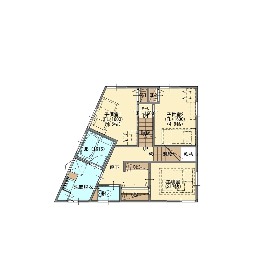 ジューケン 【変形狭小地／28坪】難しい地型でも諦めない／ 設計力で土地代も抑える「スキップフロアの家」の間取り図（3LDK＋サンルーム）2階