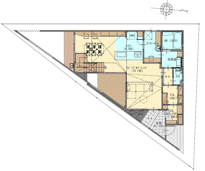 ジューケン 【ランドマークになる家】36坪の直角三角形の変形地を隅々まで生かして機能的に暮らすの間取り図（3LDK）1階