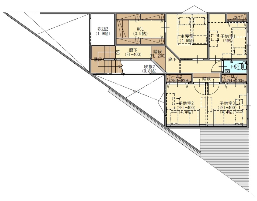 ジューケン 【ランドマークになる家】36坪の直角三角形の変形地を隅々まで生かして機能的に暮らすの間取り図（3LDK）2階