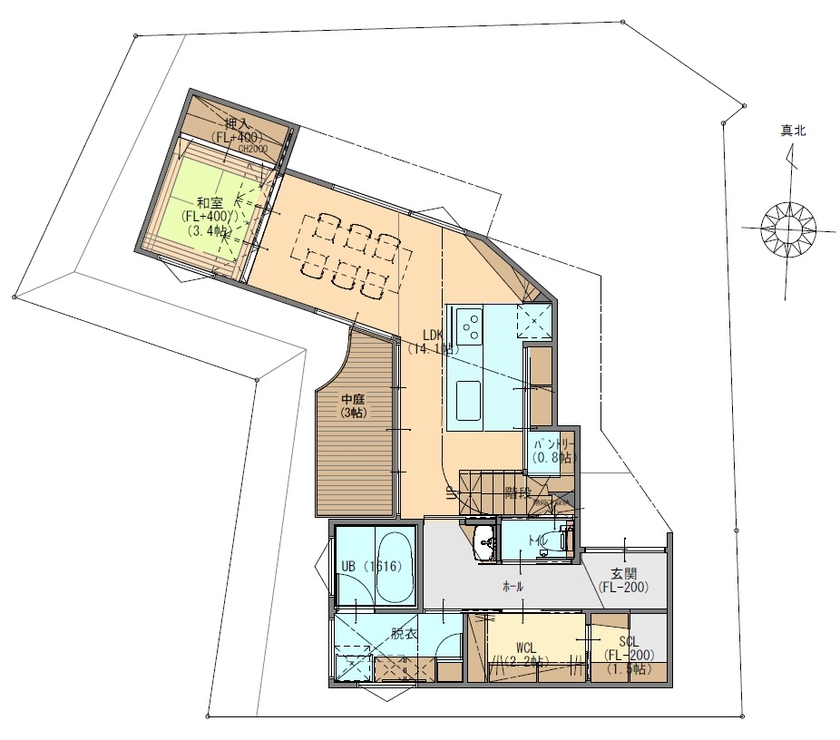 ジューケン 【変形地】奥地でも駐車ラクラク 1.5階リビングで叶えたカーテンレスな生活の間取り図（4LDK）1階
