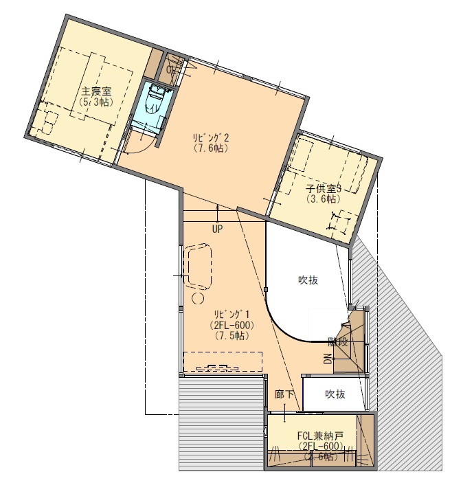 ジューケン 【変形地】奥地でも駐車ラクラク 1.5階リビングで叶えたカーテンレスな生活の間取り図（4LDK）2階