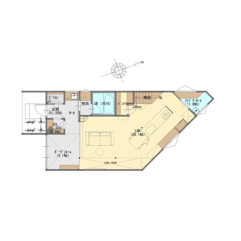 ジューケン 【土地面積約42坪】変形地の苦手をくの字で解消。陽射したっぷりなガーデンスペースのある家の間取り図null１階