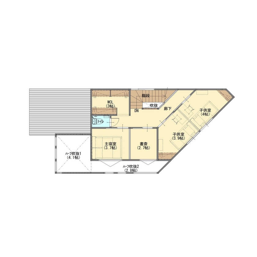 ジューケン 【土地面積約42坪】変形地の苦手をくの字で解消。陽射したっぷりなガーデンスペースのある家の間取り図null２階