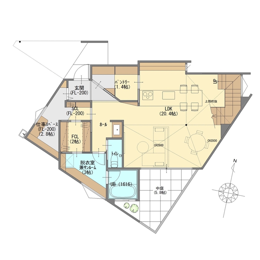 ジューケン 【角地/整形地】整形地に遊び心ある間取りとペットも喜ぶスキップフロアのある家の間取り図null１階