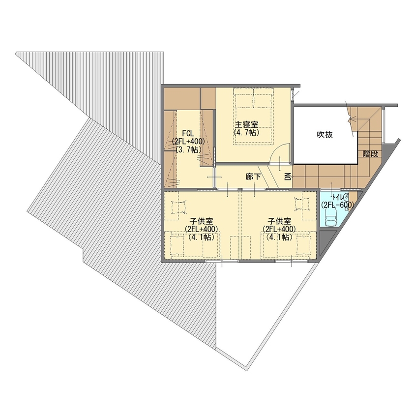 ジューケン 【角地/整形地】整形地に遊び心ある間取りとペットも喜ぶスキップフロアのある家の間取り図null２階