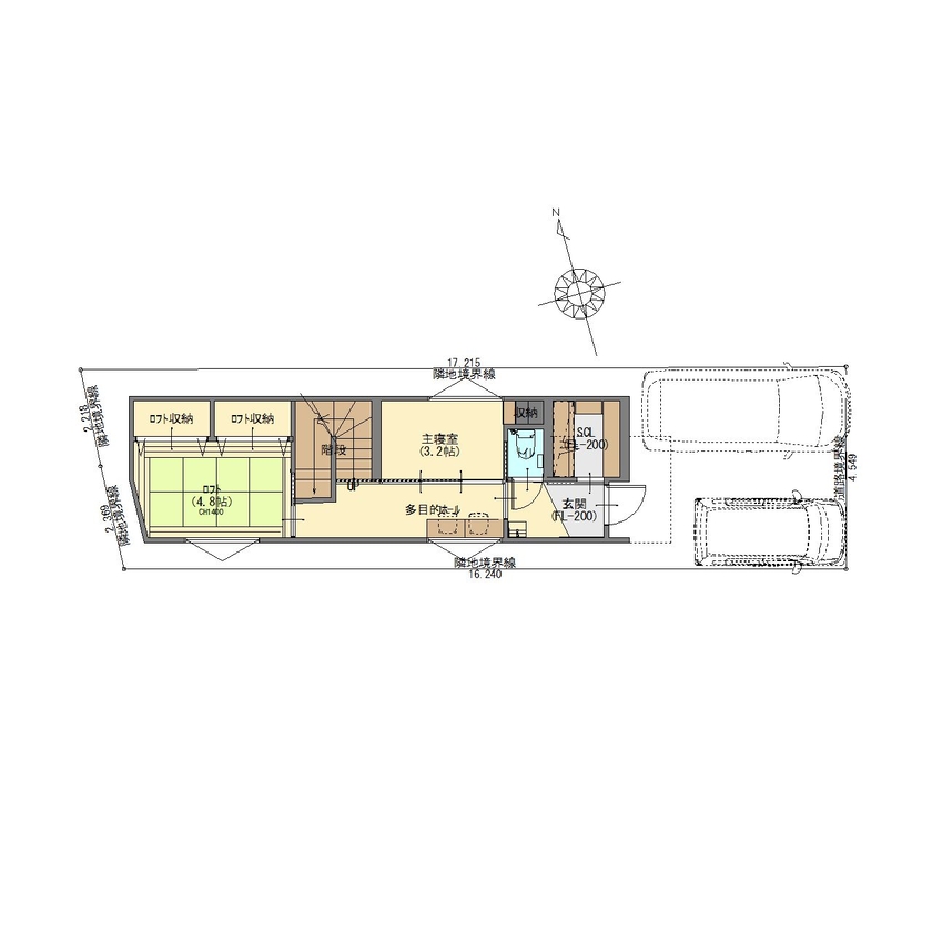 ジューケン 【狭小地・街中】ビルに挟まれた間口4.5ｍの狭小地に広がりと夢を詰め込んだスキップフロアの家の間取り図（4LDK）1階