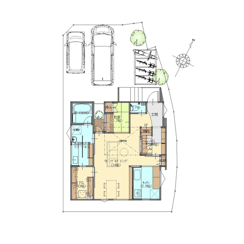 ジューケン 【整形地・北欧×和】空が見える吹抜けと”スキップフロア”の書斎がある家の間取り図（4LDK）1階