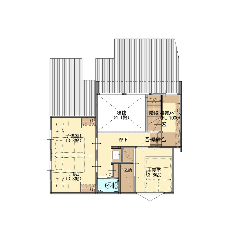 ジューケン 【整形地・北欧×和】空が見える吹抜けと”スキップフロア”の書斎がある家の間取り図（4LDK）2階