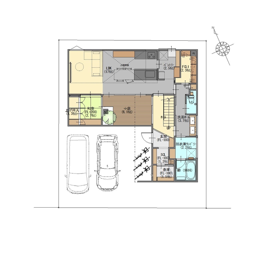 ジューケン 【整形地】2度目の家づくりで叶えた中庭×空中廊下のある吹抜けで開放的な家の間取り図（4LDK）1階