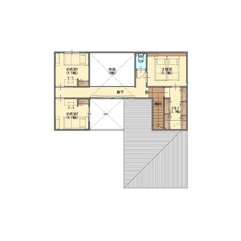 ジューケン 【整形地】2度目の家づくりで叶えた中庭×空中廊下のある吹抜けで開放的な家の間取り図（4LDK）2階