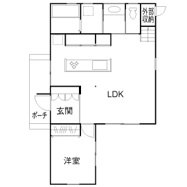 住空間設計Labo 【1000万円台】木とデニムのある暮らし／開放感と自然の安らぎを感じるアメリカ西海岸スタイルの家の間取り図（4LDK+大型バルコニー）1階