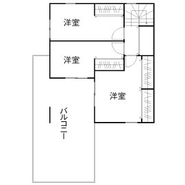 住空間設計Labo 【1000万円台】木とデニムのある暮らし／開放感と自然の安らぎを感じるアメリカ西海岸スタイルの家の間取り図（4LDK+大型バルコニー）2階