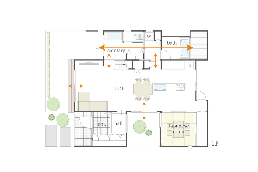住空間設計Labo 【3000万円台・間取り図・豊中市】デザインも家事ラクも叶える。借景を活かす、光と緑を感じる中庭のある家の間取り図（4LDK+中庭+バスコート+書斎+納戸）1階
