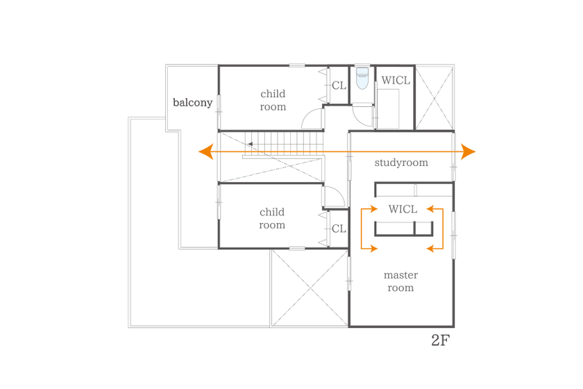 住空間設計Labo 【3000万円台・間取り図・豊中市】デザインも家事ラクも叶える。借景を活かす、光と緑を感じる中庭のある家の間取り図（4LDK+中庭+バスコート+書斎+納戸）2階