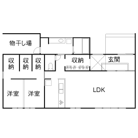 住空間設計Labo 【平屋風・2000万円台・間取り図】スローライフを愉しむ。味のあるインダストリアルデザインで仕上げた家の間取り図（2LDK+収納）1階