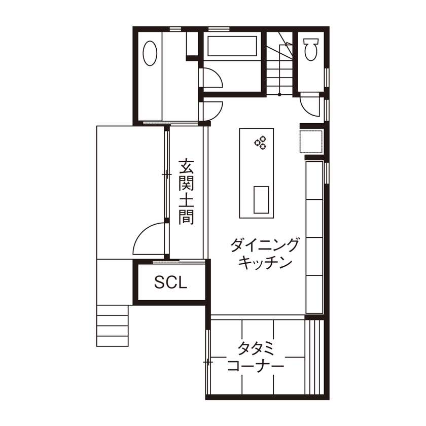 住空間設計Labo 【1000万円台・明石市】土間とキッチンが家の真ん中。団らんを大切にできるカフェスタイルの家の間取り図（1LDK＋畳コーナー）1階