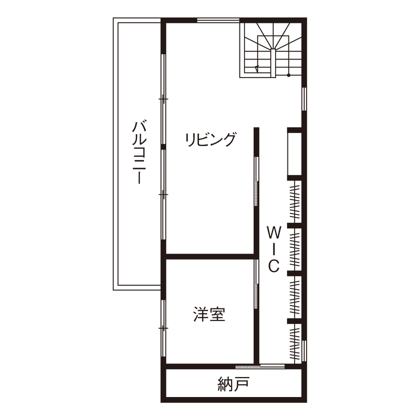 住空間設計Labo 【1000万円台・明石市】土間とキッチンが家の真ん中。団らんを大切にできるカフェスタイルの家の間取り図（1LDK＋畳コーナー）2階