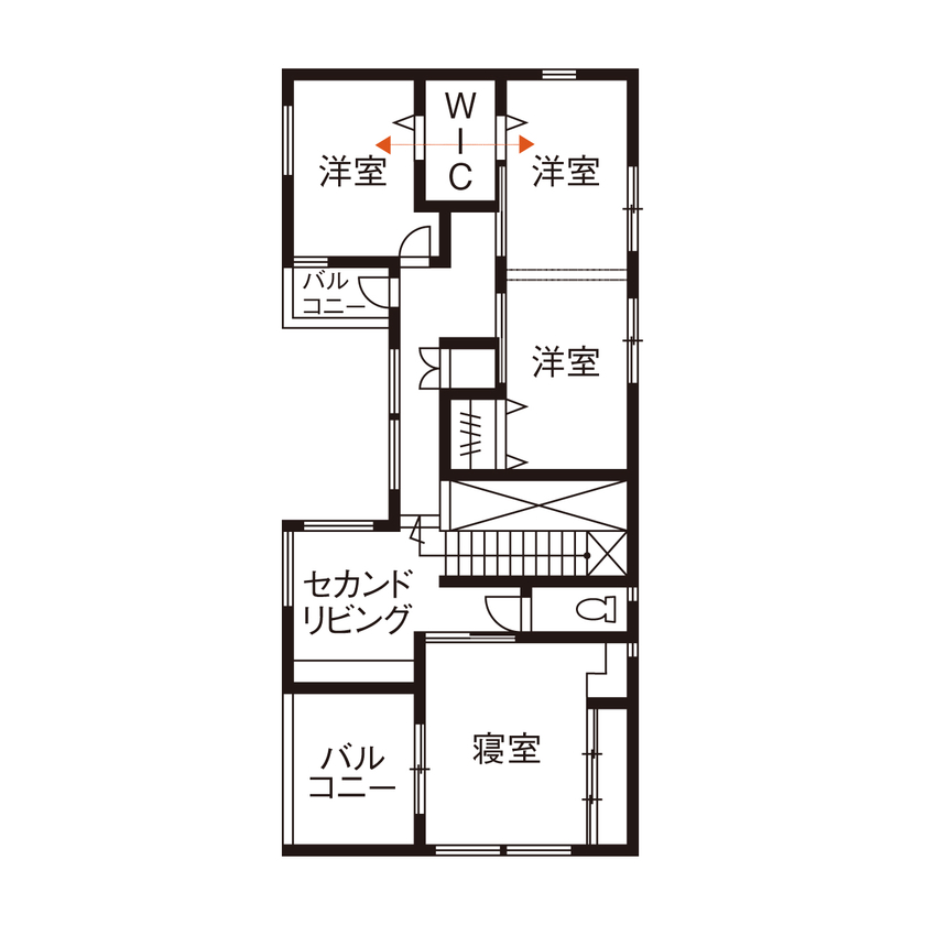 住空間設計Labo 【2000万円台・明石市】中庭のある三角屋根の家。行き止まりのない回遊動線で家事も子育てもしやすいの間取り図（4LDK）2階