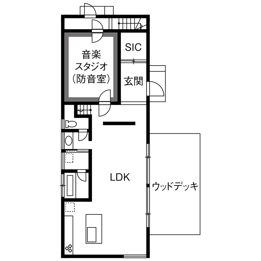 住空間設計Labo 【3000万円台・間取り図・大東市】ウッドデッキでおうちカフェ、音楽、ネコ…。夫婦で「好き」を愉しむ家の間取り図（3LDK+フリースペース）1階